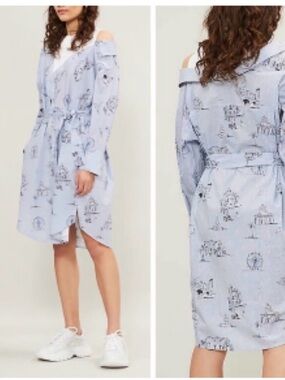 Maje Blue & White Pinstripe Cotton Off Shoulder Shirt Dress Sz 1 (Small)